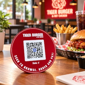 Puede incluir: Un letrero de mesa redondo de color rojo con el texto blanco TIGER BURGER & HOT CHICKEN, un código QR central, el texto Table 6 y el texto blanco SCAN TO BROWSE, ORDER AND PAY! impreso a lo largo del borde inferior del letrero.