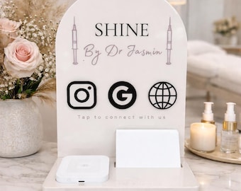 NFC Business Station – Custom Acrylic Stand with Tap Feature | Social Media and Card Display for Salons & Small Business