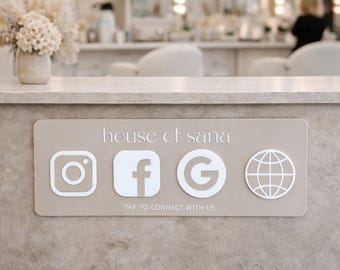 Custom NFC Social Media Plaque, Tap to Connect Sign | Branded Business Counter Sign for Instagram, Facebook, Google & Website