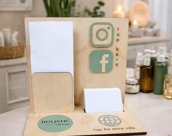 Custom NFC Brochure Holder Display, Social Media & Business Card Stand | Wooden Desktop Sign with Tap for Info Feature