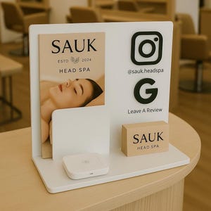 Benutzerdefinierte Business Display Hub | Acryl NFC Tap & QR-Code Ständer mit Kartenhalter | Social Media Schild für Salons und Small Biz