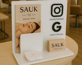 Custom Business Display Hub | Acrylic NFC Tap & QR Code Stand with Card Holder | Social Media Sign for Salons and Small Biz