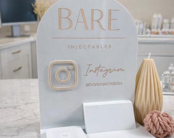 Présentoir professionnel acrylique personnalisé | NFC Tap to Pay et porte-cartes | Panneau de médias sociaux avec code QR | Présentoir de réception