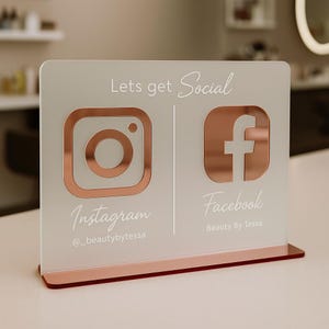 Custom Acrylic Social Media Sign with QR Code – Instagram, Facebook, Website Display Stand – Personalised Business Counter Sign for Salons