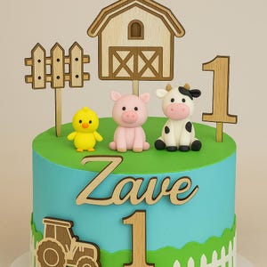Timber Farm Cake Topper Set | Personalised Barnyard Cake Decoration | Tractor & Fence Cake Set | Rustic First Birthday Cake Topper