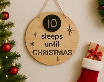 Personalised Wooden Christmas Countdown Sign – Round Sleeps Until Christmas Chalkboard – Festive Family Décor