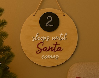 Sleeps Until Santa Countdown Sign | Wooden Christmas Countdown Plaque | Personalised Xmas Wall Hanging | Festive Chalkboard Sign