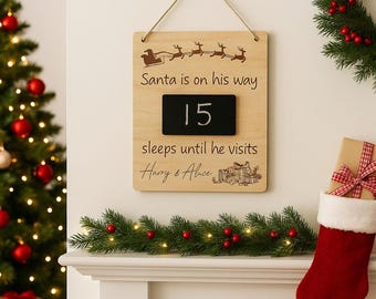 Personalised Wooden Christmas Countdown Sign – Santa Sleeps Tracker – Family Christmas Décor