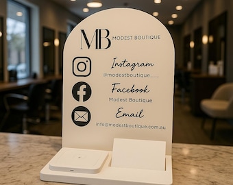 Custom Acrylic Business Display Stand | NFC Tap to Pay & Card Holder | Social Media Sign with QR Code | Reception Desk Display