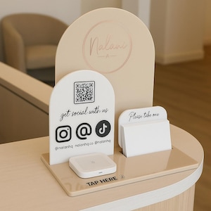 Aangepaste QR-code en NFC Business-display | Socialmediastandaard van acryl met kaarthouder | Brandingbord voor salons, evenementen en boetieks