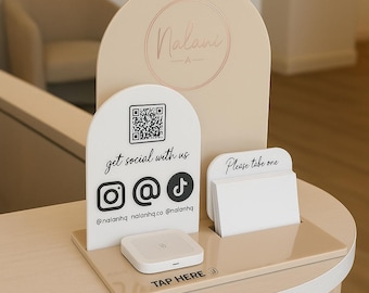 Custom QR Code & NFC Business Display | Acrylic Social Media Stand with Card Holder | Branding Sign for Salons, Events, Boutiques