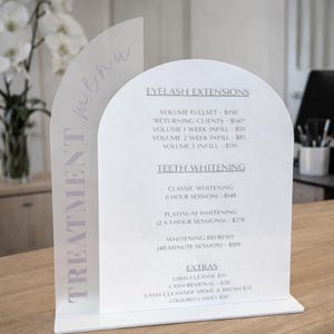 Custom Dual Arch Acrylic Information Stand | Fully Personalised Treatment Menu or Service Display | Salon, Spa, or Retail Counter Sign