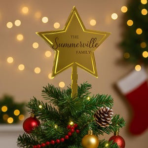 Personalised Engraved Star Christmas Tree Topper – Gold Acrylic Custom Family Name Decoration