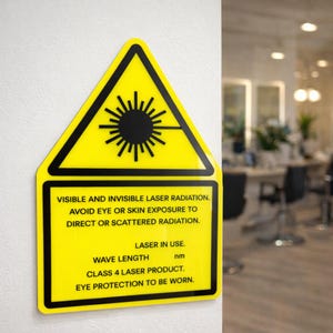 May include: A yellow and black laser safety sign featuring a triangular warning icon with a sunburst symbol above a rectangular section containing the text: VISIBLE AND INVISIBLE LASER RADIATION. AVOID EYE OR SKIN EXPOSURE TO DIRECT OR SCATTERED RADIATION. LASER IN USE. WAVE LENGTH nm. CLASS 4 LASER PRODUCT. EYE PROTECTION TO BE WORN.