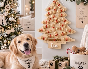 May include: A light-colored wooden Christmas tree-shaped advent calendar with twenty-five bone-shaped dog treats attached by red strings. The base features the name Eva, the text Oh Christmas treat, Oh Christmas treat, and numbered slots.