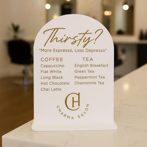 Cardápio de bebidas em acrílico personalizado | Placa de bar em arco para cafeteria, salão de beleza e spa | Expositor de cardápio de bebidas personalizado