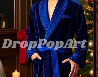 Men's Velvet Christmas Robe: Elegant Blue Holiday Loungewear