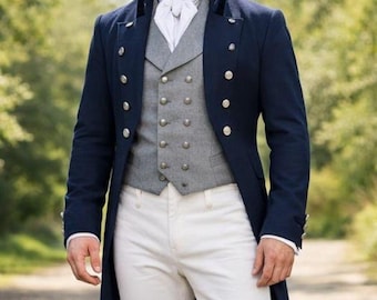 Men's Navy Blue Wool Regency Outfit, Tail Coat, Waistcoat, Breeches