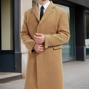 Men&#39;s Brown Camel Wool Cashmere Bond Overcoat Long Winter Coat - Perfect Christmas or Winter Outerwear
