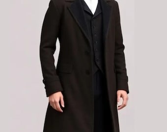 Men's Black Wool Regency Coat Set: Tailcoat, Vest, Scarf & Hat