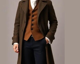 Men's Brown Wool Regency Coat Set: Tailcoat, Vest, Pants & Scarf