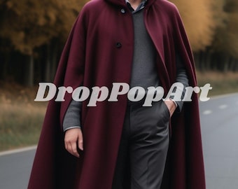 Men's Victorian Inverness Burgundy Wool Cape - Long Burgundy Winter Outerwear