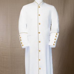 Gewaad voor predikant/geestelijken heren: witte/gouden rand, lange kerkvaderjas heren