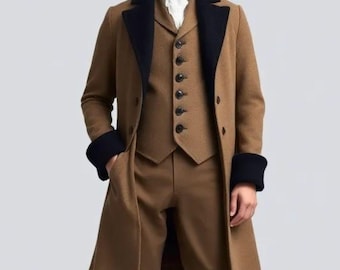 Men's Brown Wool Regency Coat Set: Tailcoat, Vest, Pants, Hat & Scarf