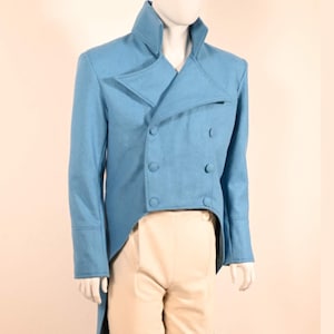 New Regency Victorian Men&#39;s Sky Blue Wool Double Breasted Tailcoat, Regency historical design reproduction vest and breeches available