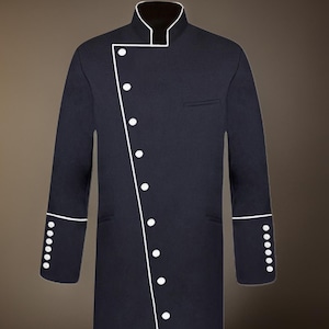 Driekwart Clergy-geklede jas heren - zwart/wit - pure zwarte wol, lange Clergy-jas voor heren