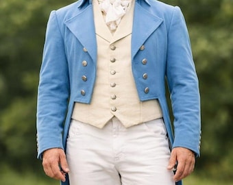 Men's Sky Blue Wool Regency Outfit, Tail Coat, Waistcoat, Breeches