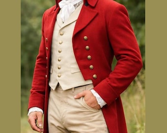 Men's Red Wool Regency Tailcoat Outfit, 18th Century Dress Ensemble