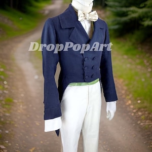 Men&#39;s Regency Coat in Navy Blue Wool – Double-Breasted Tailcoat for Historical Reenactments, Regency-Inspired Weddings, and Formal Events