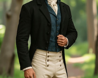 Men's Black Wool Regency Tailcoat & Breeches Custom Made Military Style