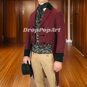 Men&#39;s 18th Century Regency Burgundy Wool Tailcoat - Custom-Made British Military-Inspired Tailcoat with Expedited Global Shipping