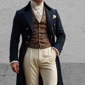 May include: A man in a formal outfit, featuring a navy blue coat with gold buttons, a patterned brown vest, a white ruffled shirt, and cream-colored pants. The ensemble evokes a historical or period aesthetic.
