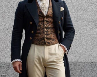 Men's Navy Blue Wool Regency Coat: Double-Breasted Tailcoat