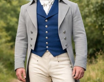 Men's Light Grey Wool Regency Outfit, Tail Coat, Waistcoat, Breeches