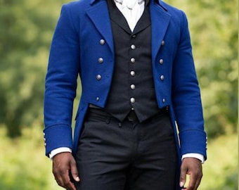 Men's Pure Blue Wool Regency Outfit, Tail Coat, Waistcoat, Breeches