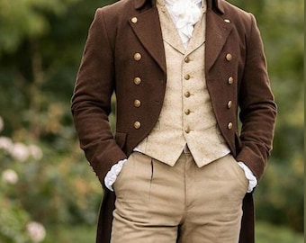 Men's Brown Wool Tailcoat, Custom Regency British Military Style