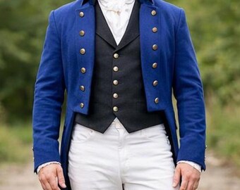 Men's Blue Wool Regency Outfit, Tail Coat, Waistcoat, Breeches