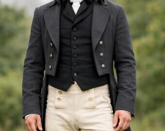 Men's Dark Grey Wool Regency Outfit, Tail Coat, Waistcoat, Breeches