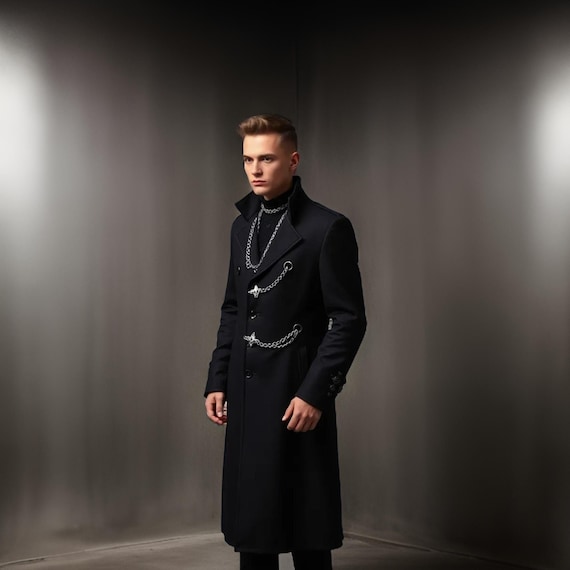 Men's Gothic Long Coat: Statement Chain Accents, Victorian Style