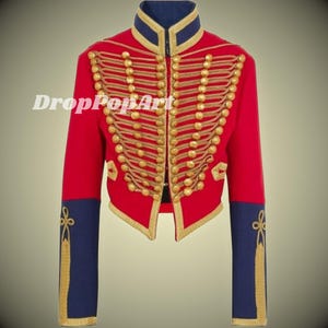 Chaqueta de oficial militar roja y azul para mujer: elegante abrigo gótico de estilo victoriano con trenzado dorado.