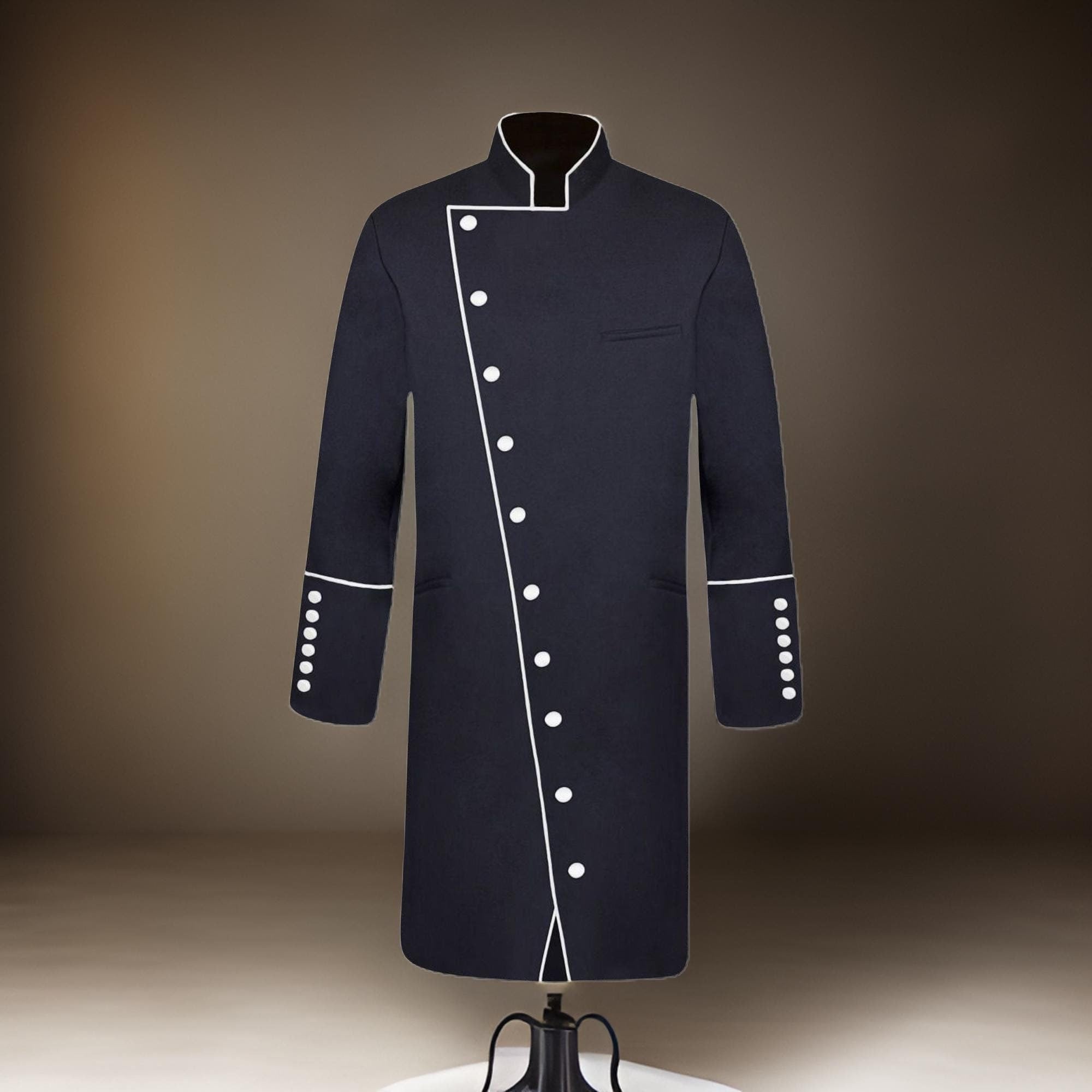 Men's Black Wool Clergy Frock Jacket: Hand-Tailored, Silk Lined