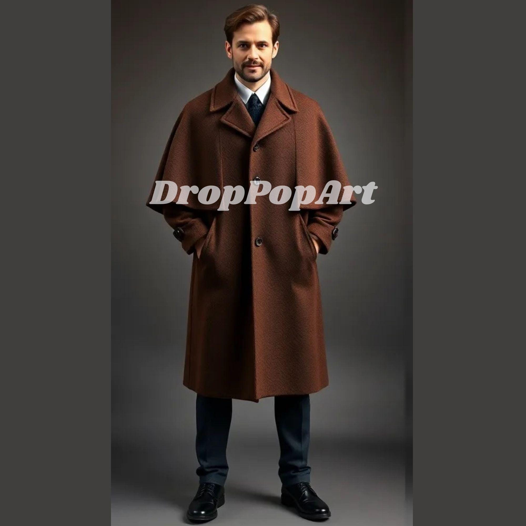 Men's Brown Wool Inverness Coat: Cape Duster Clock Coat