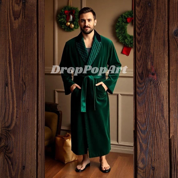 Long Smoking Jacket Men's Green Velvet Smoking Coat With Quilted