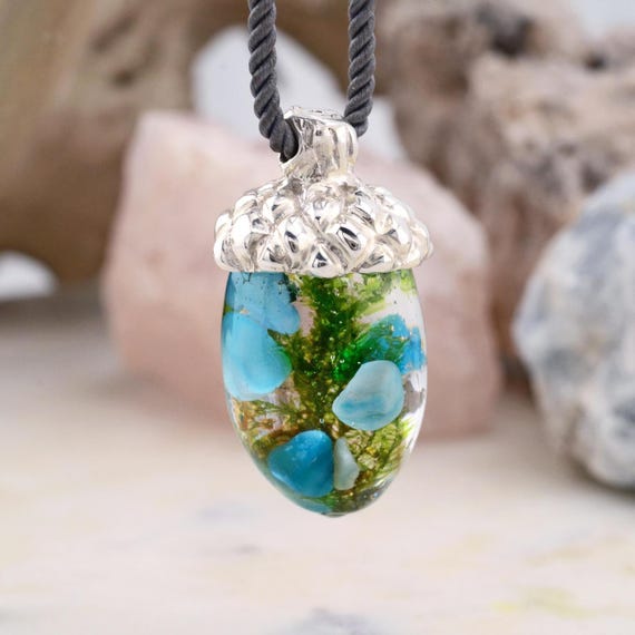 Sterling Silver Acorn Pendant Necklace, Turquoise Blue Pendant