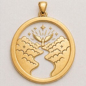 May include: A circular gold pendant featuring a central winged figure rising above two stylised cloud formations. The design includes small engraved stars and radiating lines above the figure, all enclosed within a smooth, polished gold circular frame.