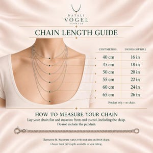 May include: A chain length guide by Natali Vogel Schmuck featuring six silver chains of varying lengths from 40 cm to 65 cm, or 16 to 26 inches. The graphic includes a measurement chart and instructions on how to measure a chain flat.